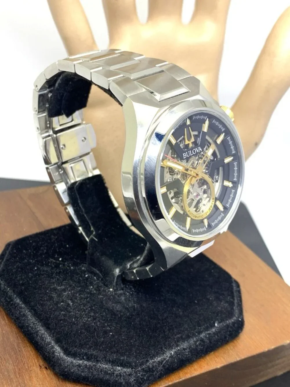 Bulova Maquina Mens Watch 98A224 Automatic Black Skeleton Dial Silver Steel 46mm